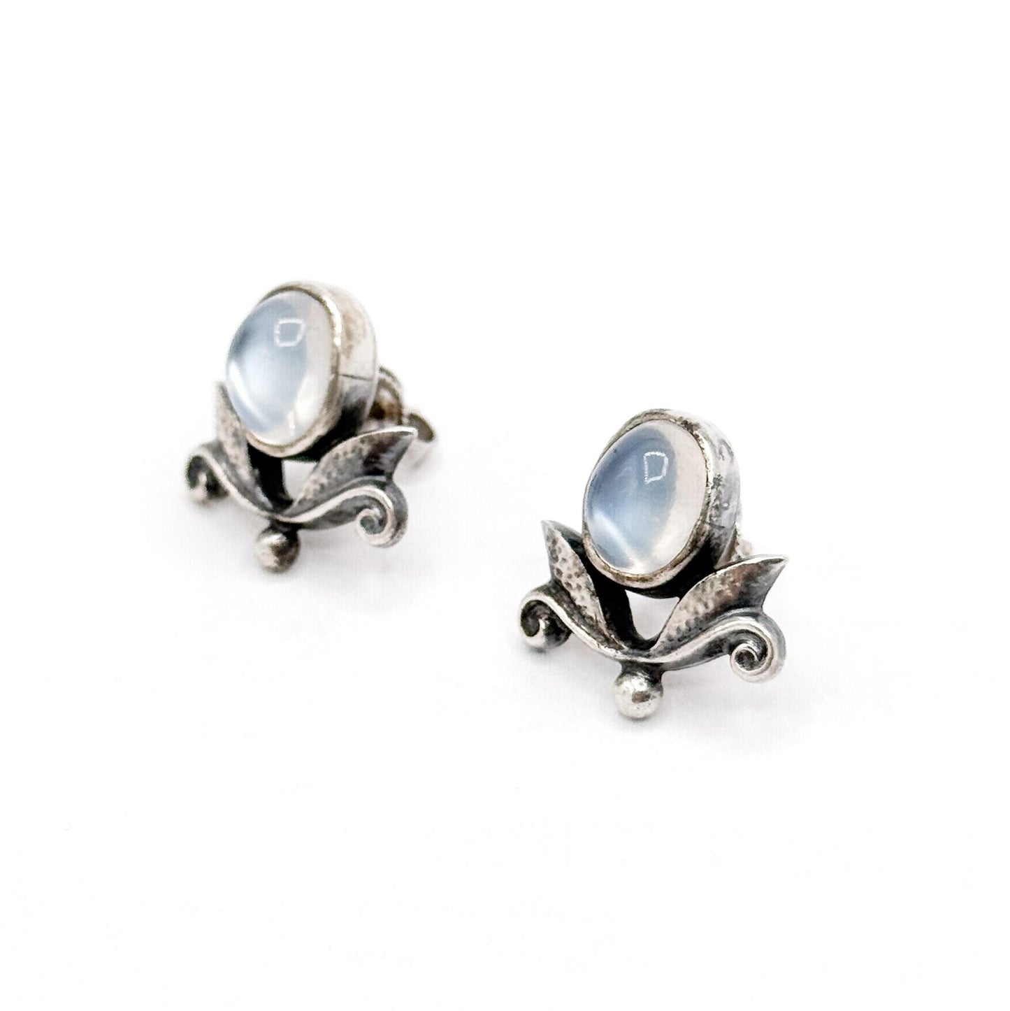 Vintage Art Nouveau Moonstone Stud Earrings: Silver Foliate Floral Design