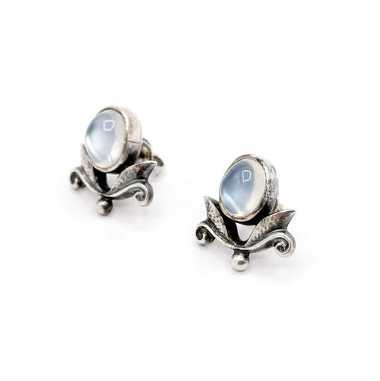 Vintage Art Nouveau Moonstone Stud Earrings: Silver Foliate Floral Design