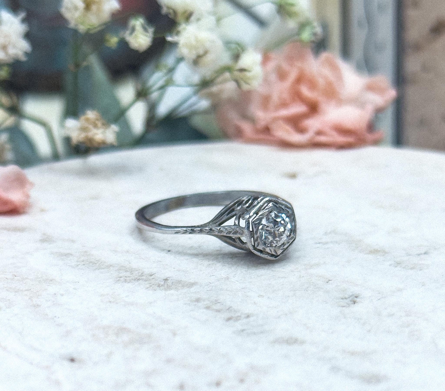 Antique Art Deco Filigree engagement ring in 14K / 10K White Gold Old European Cut