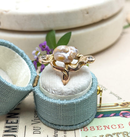 Antique Art Nouveau Baroque Pearl Ring with Old European Cut Diamonds