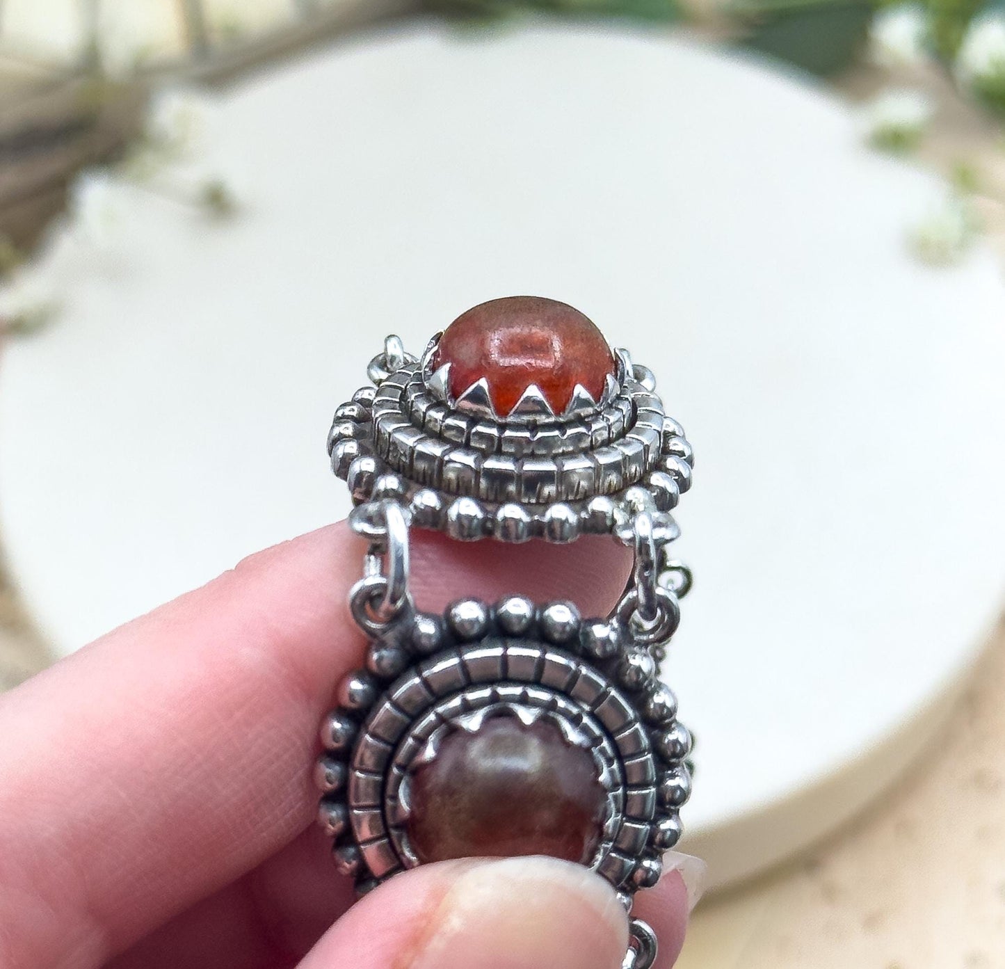 Vintage Orange Amber cabochon bracelet in 835 Silver textured vintage bracelet