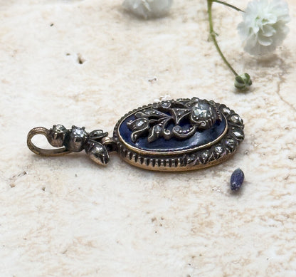 Georgian Giardinetti Pendant with Rose Cut Diamonds on Bristol Blue Glass Bague au Firmament