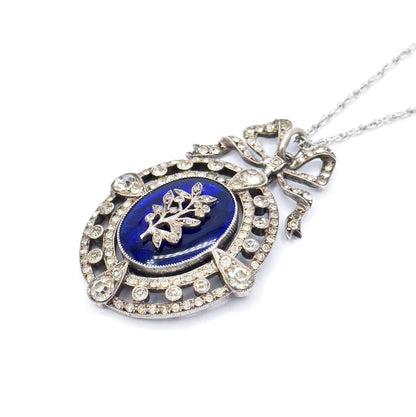 Antique Edwardian Garland Style Bow Necklace with Paste Gems in Silver w Blue Bristol Glass