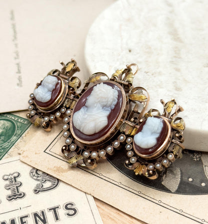 Victorian Cameo Brooch: 12K Rose Gold, Sardonyx, Seed Pearls, Elizabethan Style