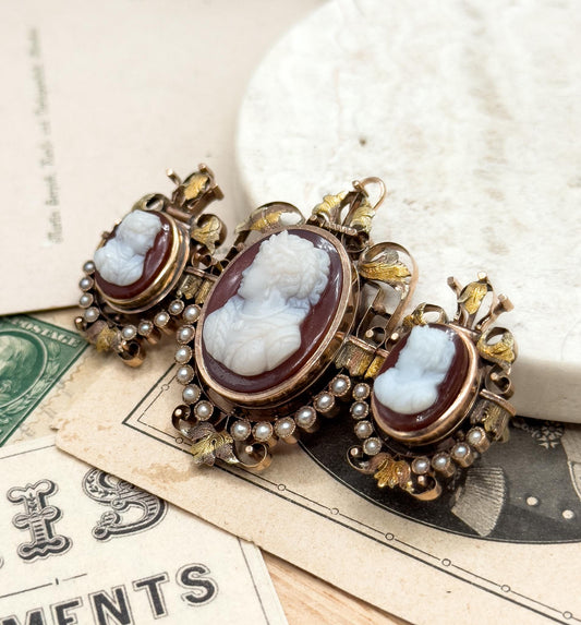 Victorian Cameo Brooch: 12K Rose Gold, Sardonyx, Seed Pearls, Elizabethan Style