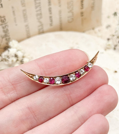 Victorian Crescent Moon Brooch with Red and White Gems in 10K Yellow Gold