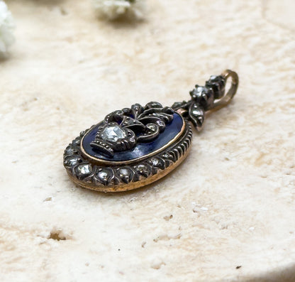 Georgian Giardinetti Pendant with Rose Cut Diamonds on Bristol Blue Glass Bague au Firmament