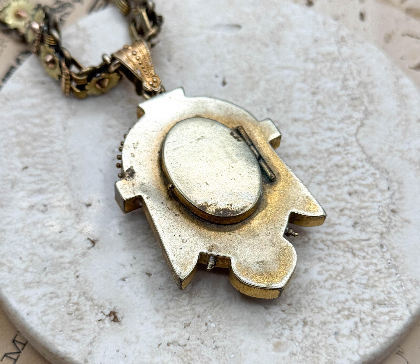 Antique Enamel Locket on Floral Book Chain Necklace - As Is
