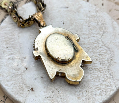 Antique Enamel Locket on Floral Book Chain Necklace - As Is