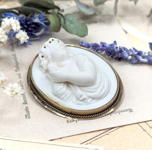 Victorian Lava Cameo Brooch: High Relief Bacchante Figure, 10K Gold