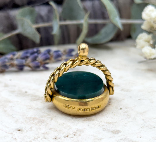Antique Edwardian Bloodstone Spinner Fob in 18K Yellow Gold Fully hallmarked
