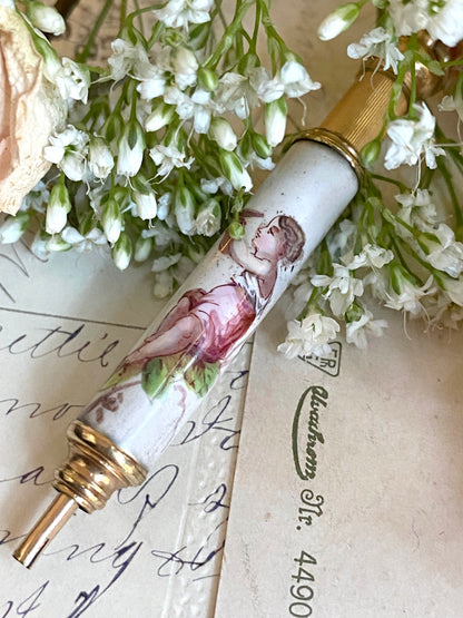 Antique Telescopic Pencil with Enamel Painted Figure in Grape Vines Propelling Pencil