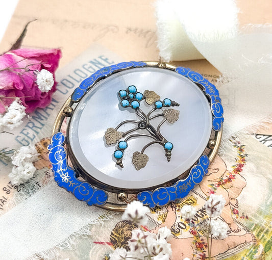Antique Victorian Forget Me Not Turquoise & Chalcedony Brooch Victorian enamel brooch