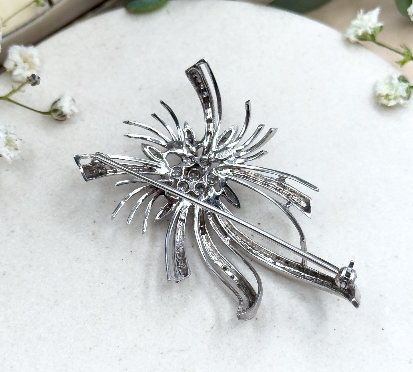 Vintage Diamond Brooch in 18K White Gold Mid Century Brooch Starburst