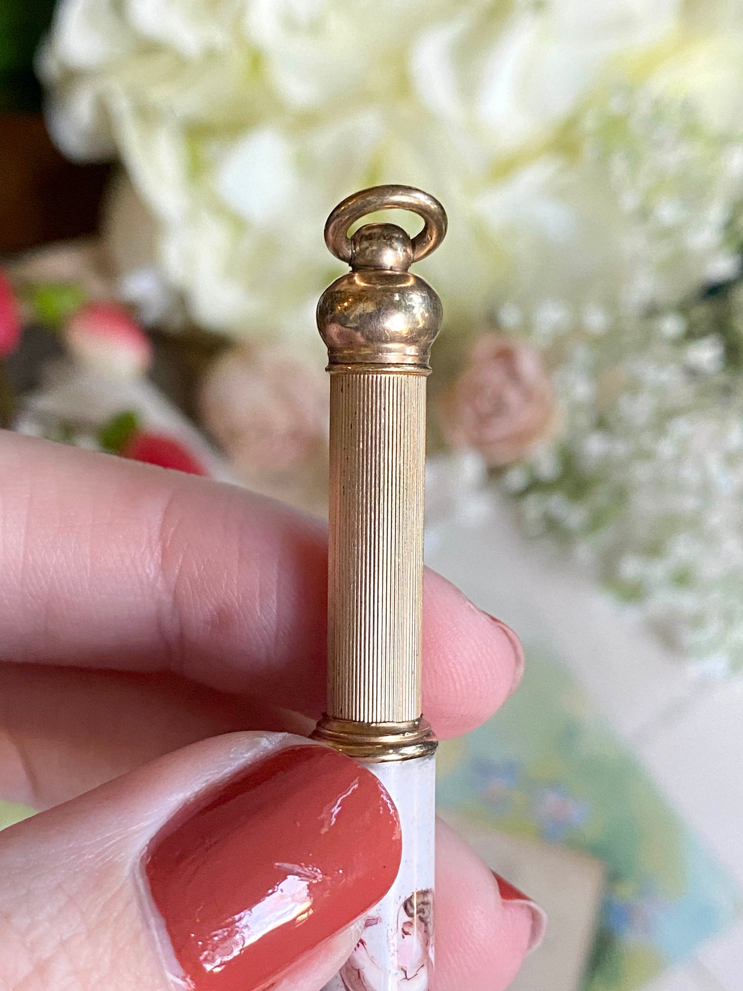 Antique Telescopic Pencil with Enamel Painted Figure in Grape Vines Propelling Pencil