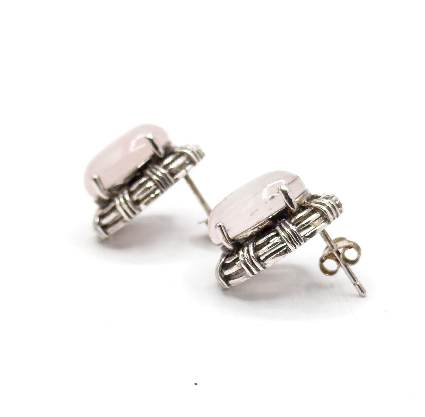 Vintage Rose Quartz Sterling Silver Stud Earrings: Basket Setting