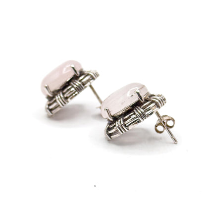 Vintage Rose Quartz Sterling Silver Stud Earrings: Basket Setting