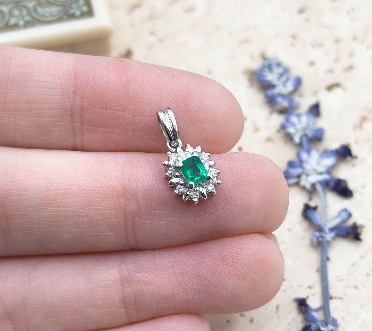 Petite Emerald & Diamond halo Pendant in Platinum