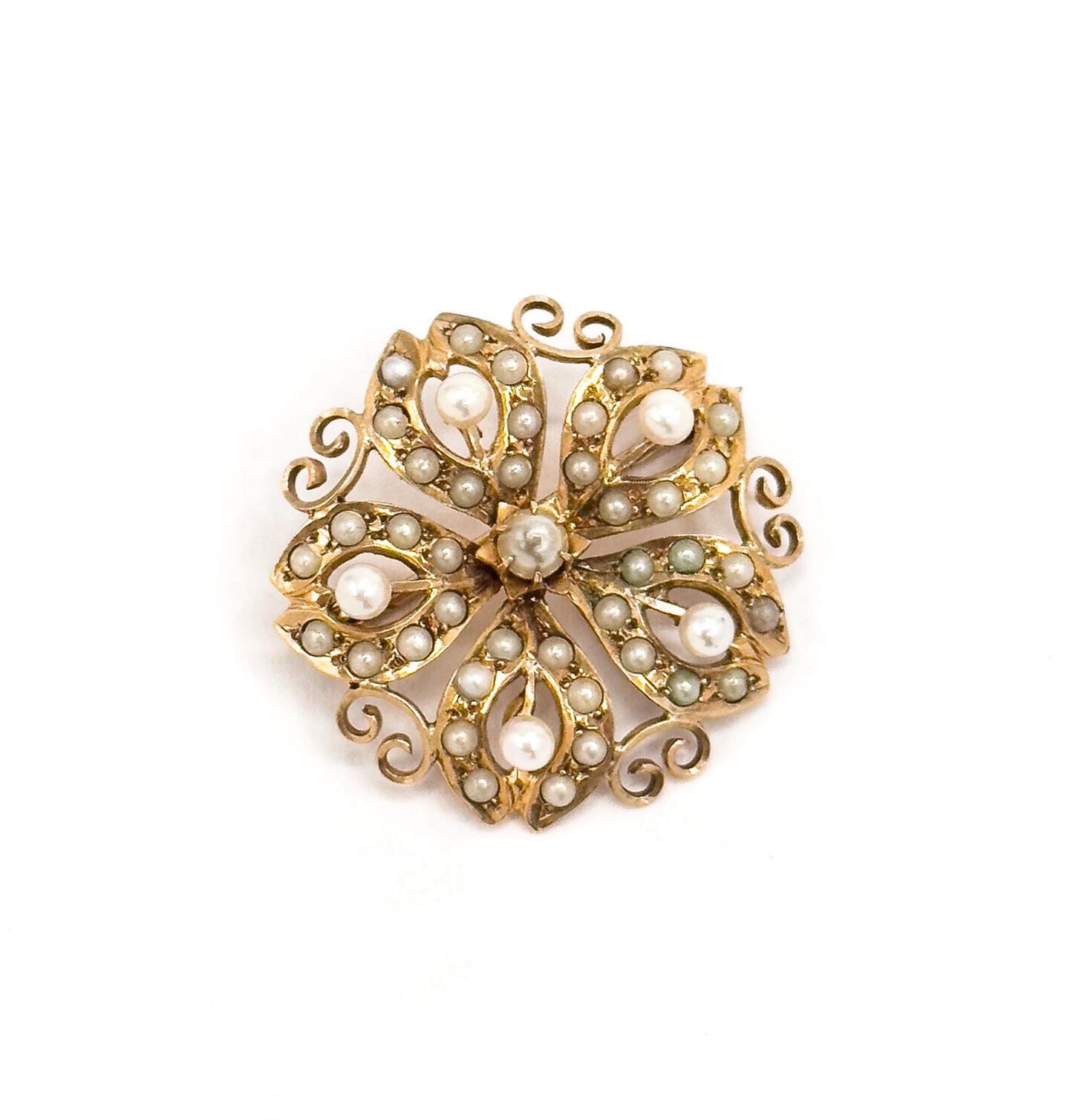 Edwardian 10K Yellow Gold Snowflake Brooch: Antique Seed Pearl Pin