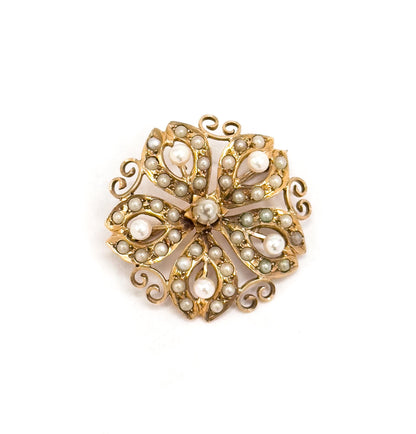 Edwardian 10K Yellow Gold Snowflake Brooch: Antique Seed Pearl Pin