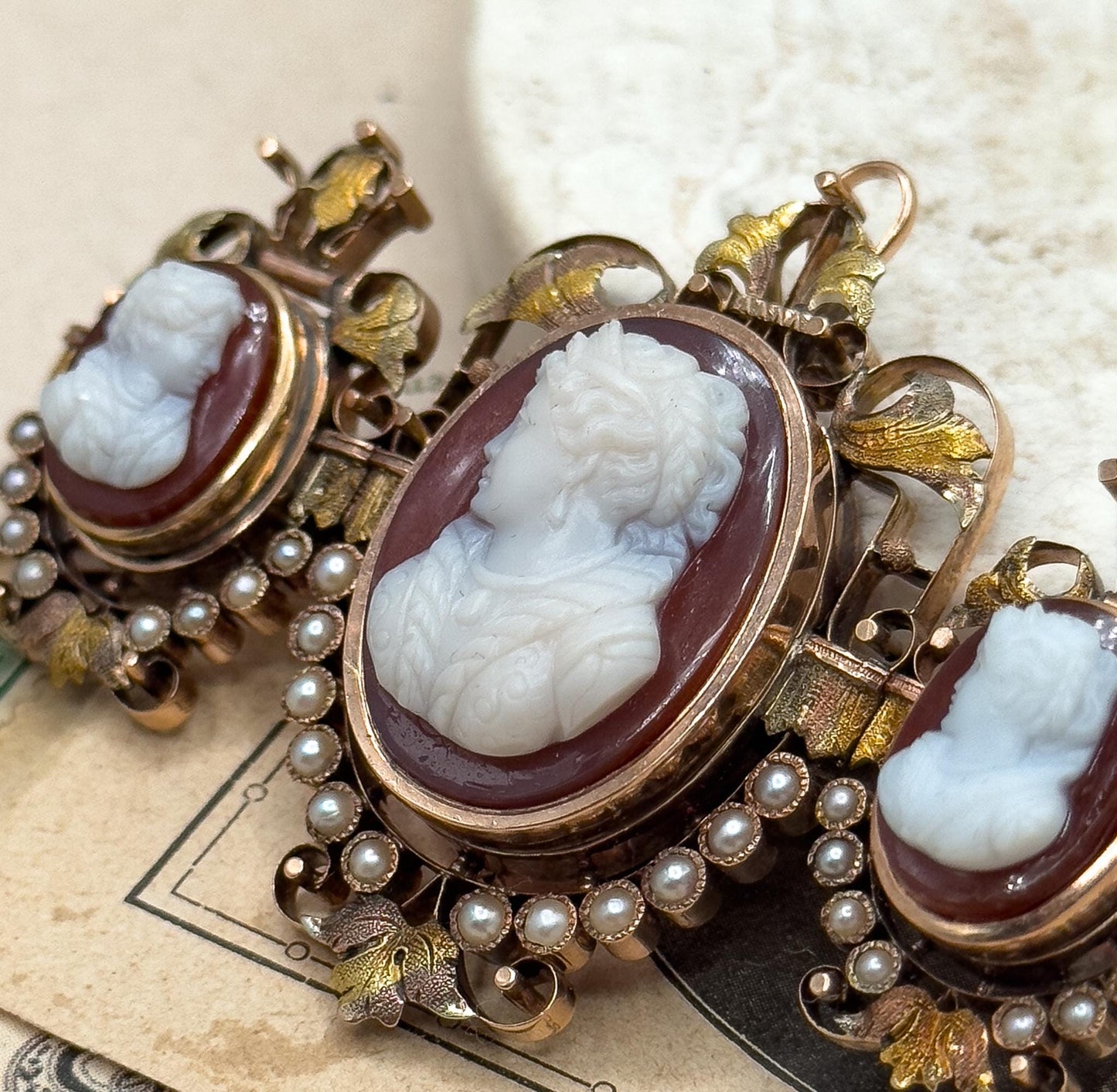 Victorian Cameo Brooch: 12K Rose Gold, Sardonyx, Seed Pearls, Elizabethan Style