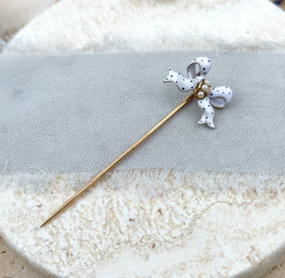 Victorian Bow Pin with Polka Dot Enamel & Seed Pearls in 15K Gold