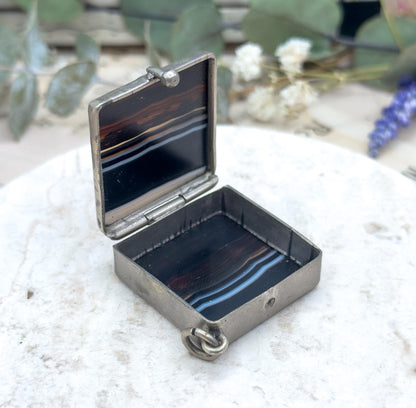 Victorian Banded Agate Box Pendant: Antique Snuff Trinket Box, 1800s