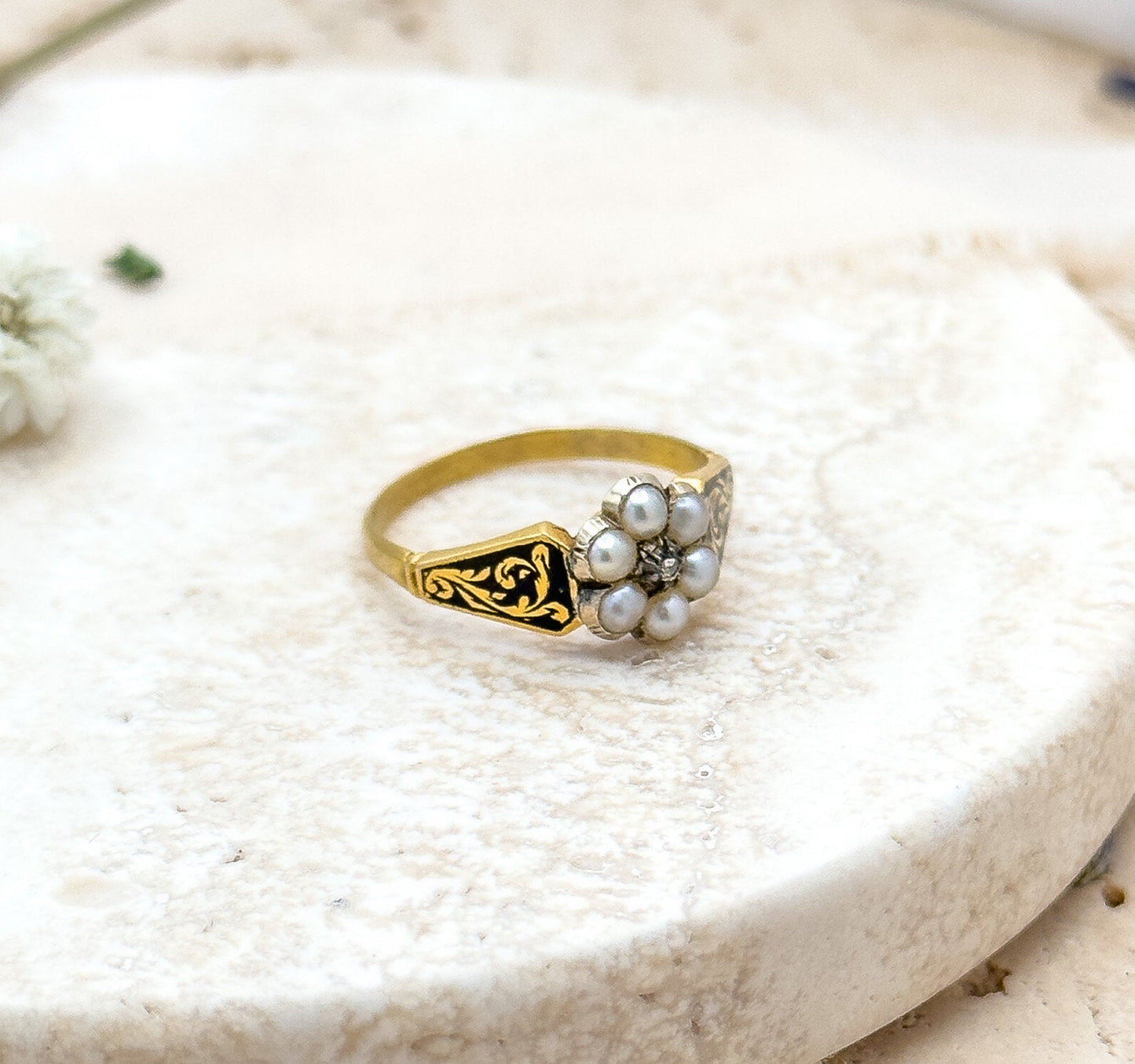 Antique Mourning Ring 14K Solid Gold Victorian RIng with Black Enamel & Rose Cut Diamond