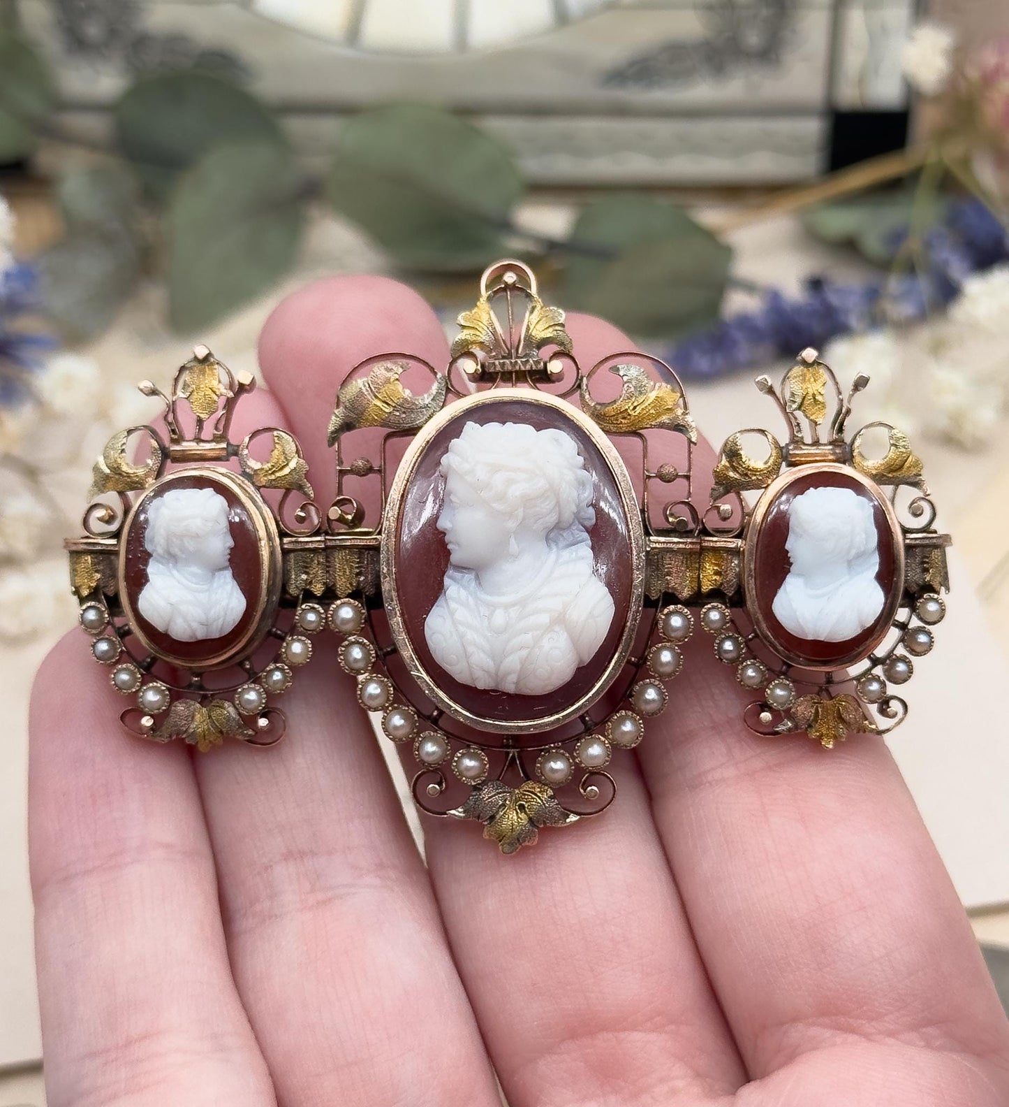 Victorian Cameo Brooch: 12K Rose Gold, Sardonyx, Seed Pearls, Elizabethan Style