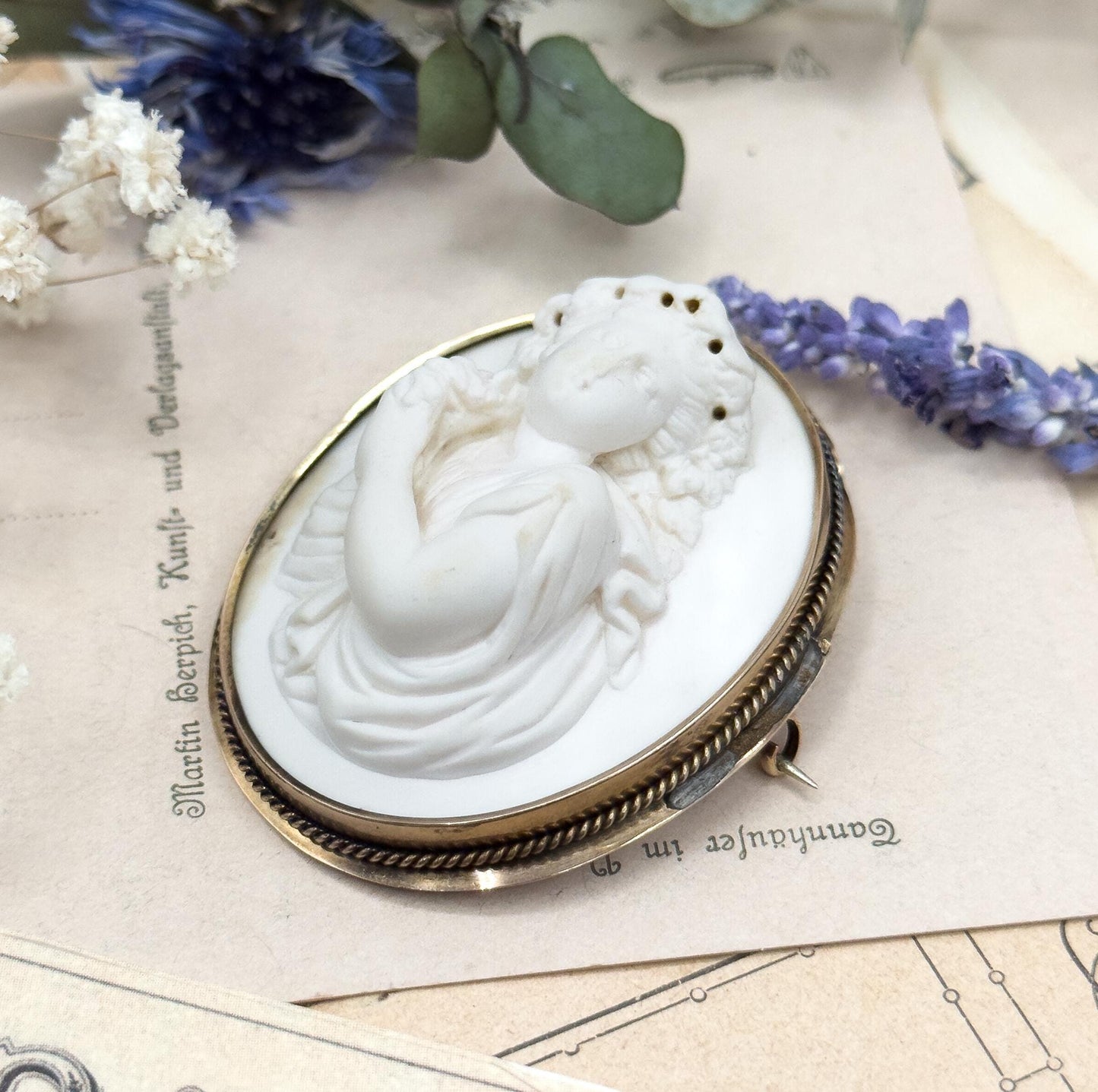 Victorian Lava Cameo Brooch: High Relief Bacchante Figure, 10K Gold