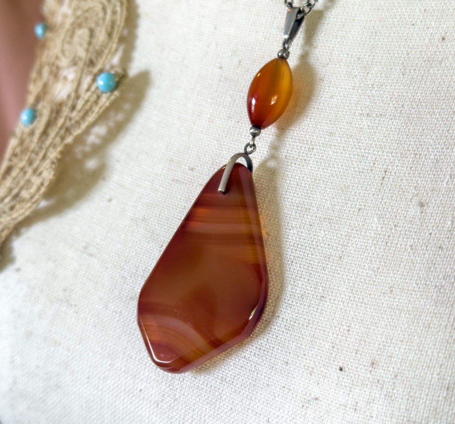 Vintage Banded Agate Freeform Stone pendant necklace in Sterling Silver