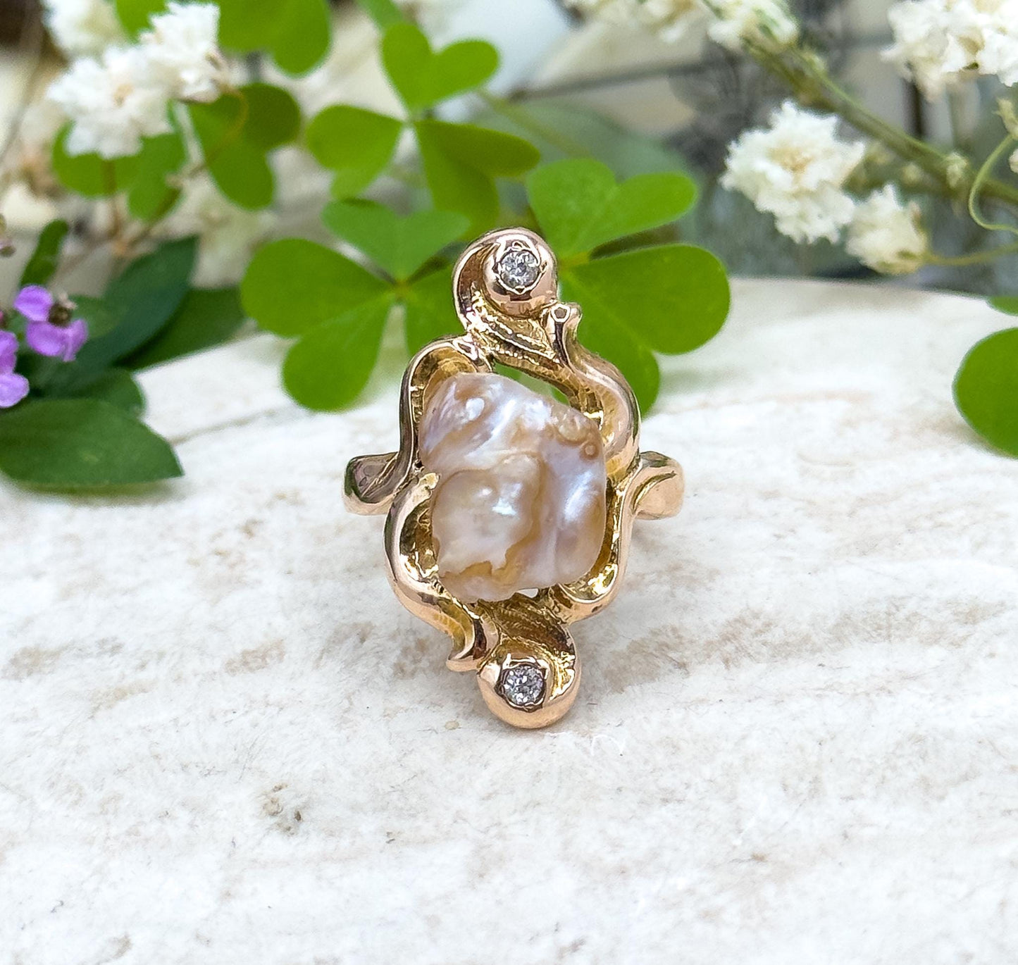 Antique Art Nouveau Baroque Pearl Ring with Old European Cut Diamonds