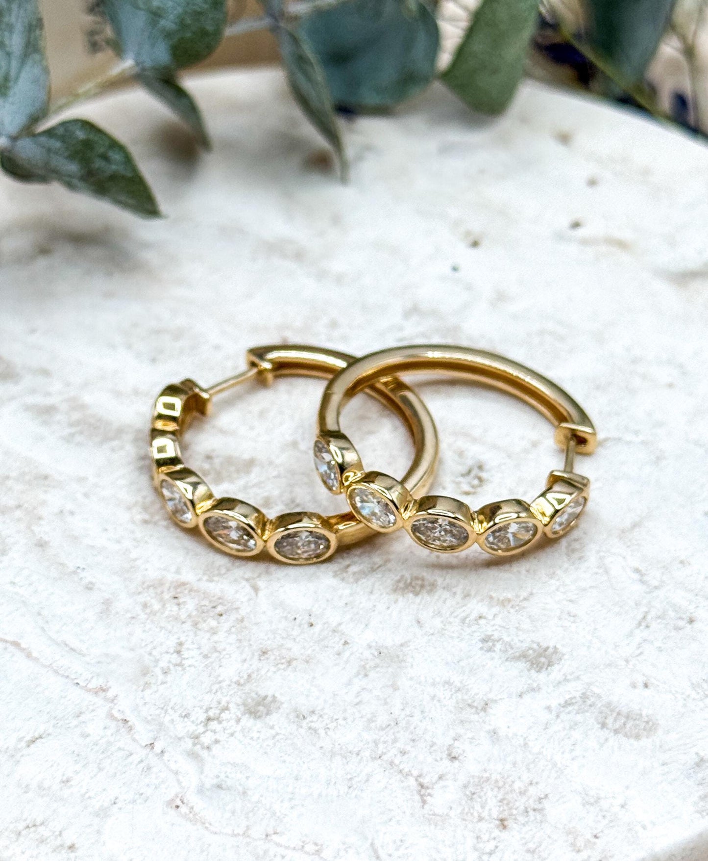 Estate Bezel Set Lab Diamond Hoop earrings in 14K 2.00ctw Oval Diamond Hoops