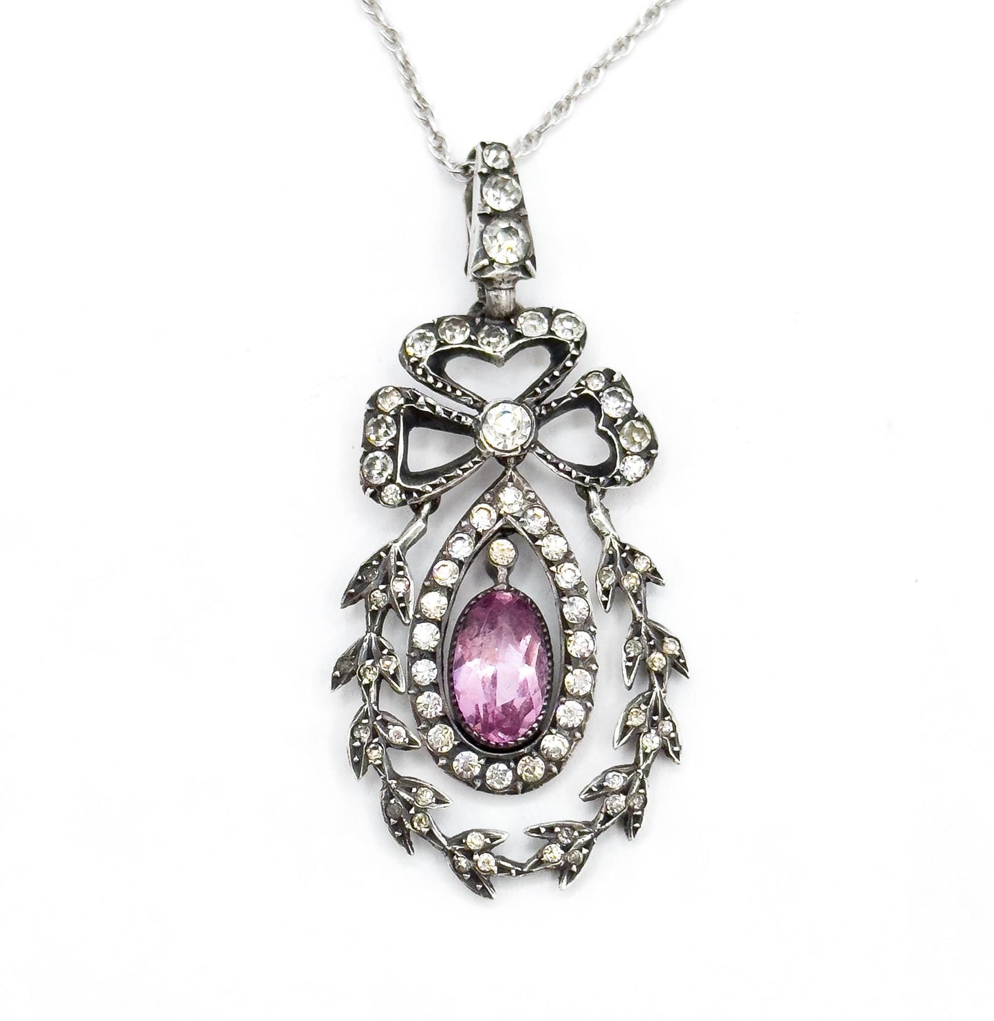 Antique Edwardian Paste Pendant: Sterling Silver Bow, Garland Style, 24" Chain