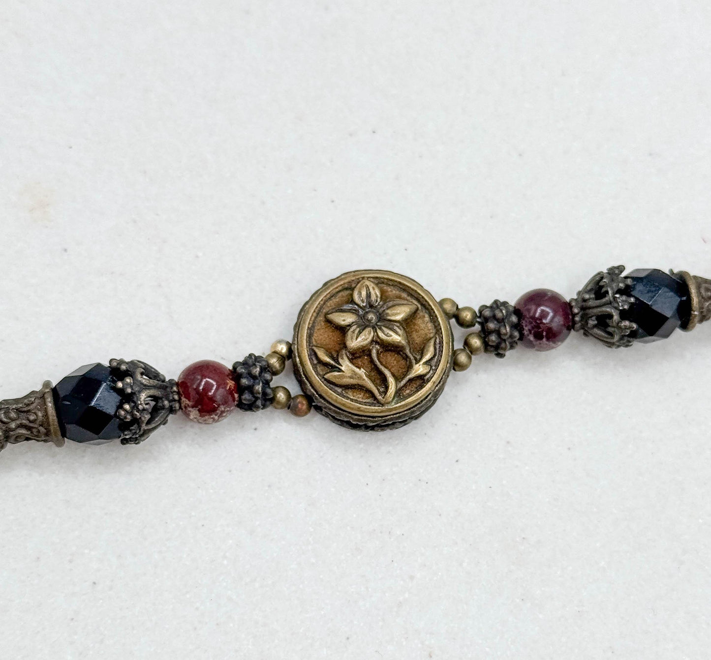 Antique Perfume Button Bracelet w Jasper beads and Victorian Button