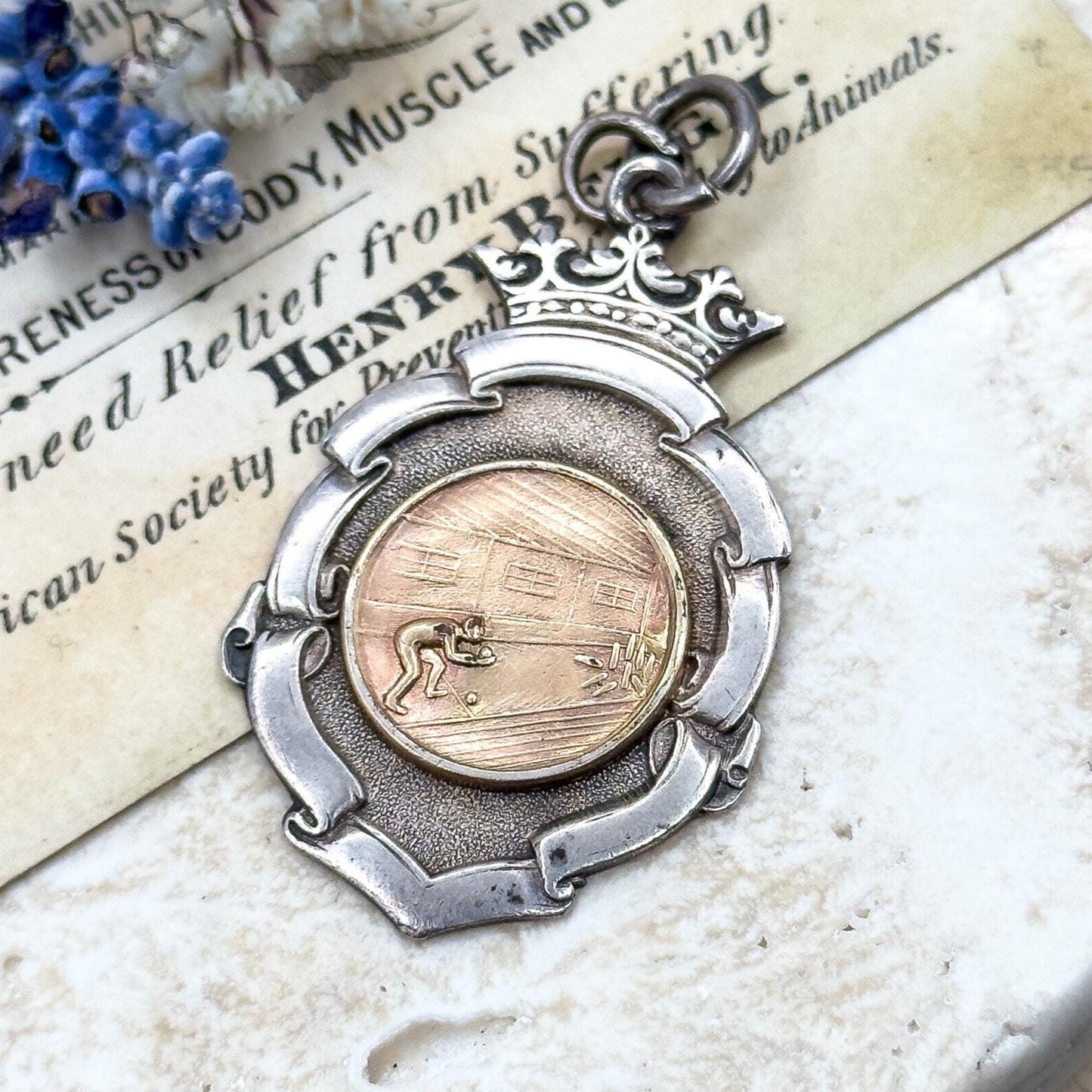 vintage mens bowling medal fob pendant in silver and gold