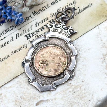 vintage mens bowling medal fob pendant in silver and gold