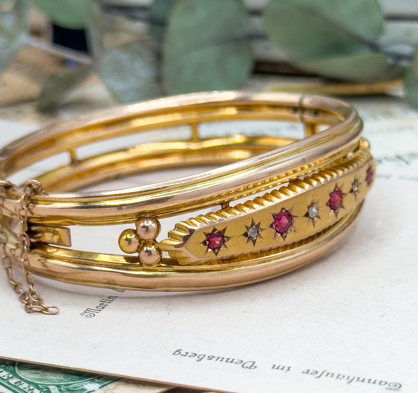 Antique 9ct Gold Garnet Bangle Bracelet: Victorian Rose Cut Diamond Jewelry