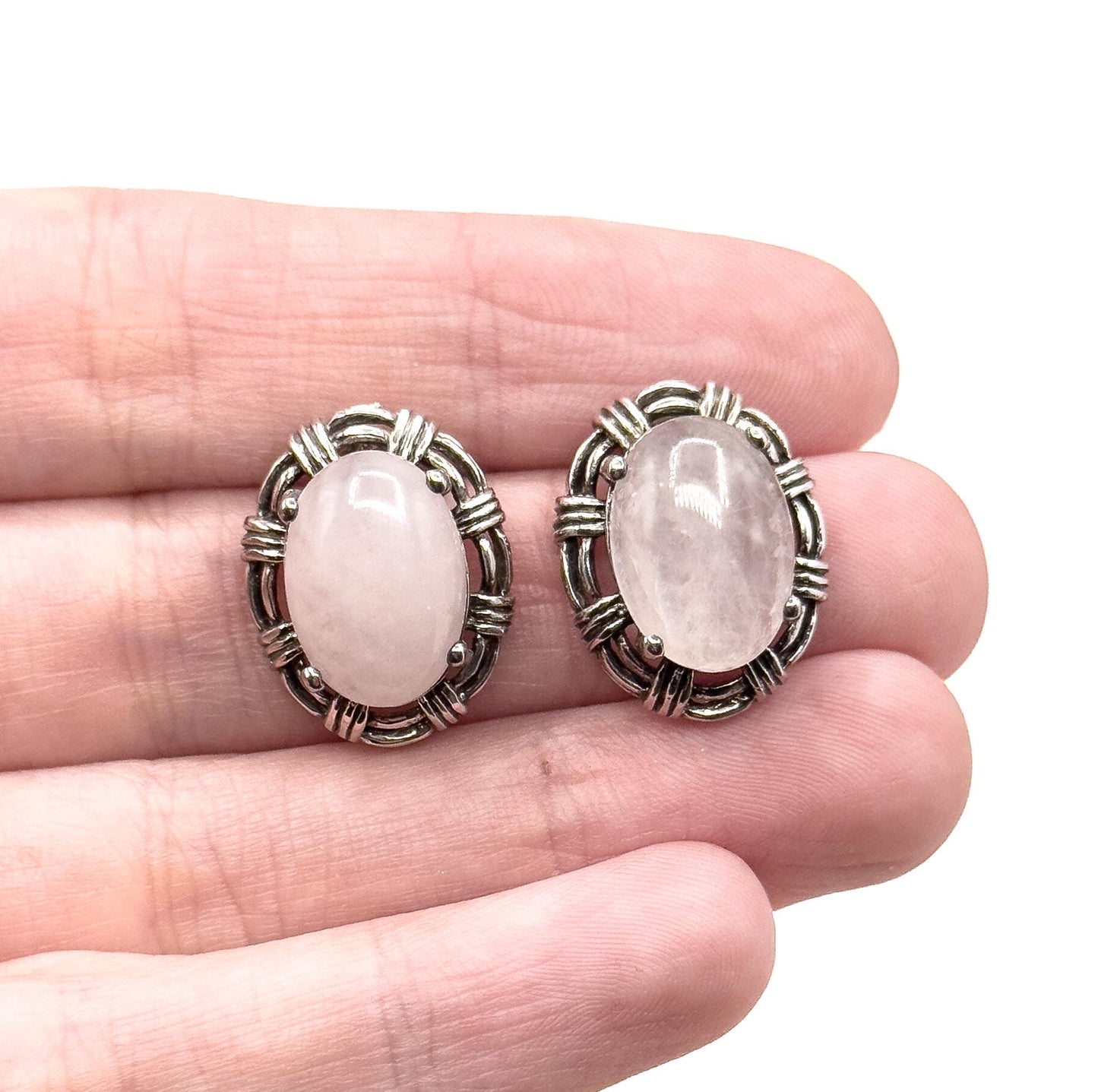 Vintage Rose Quartz Sterling Silver Stud Earrings: Basket Setting