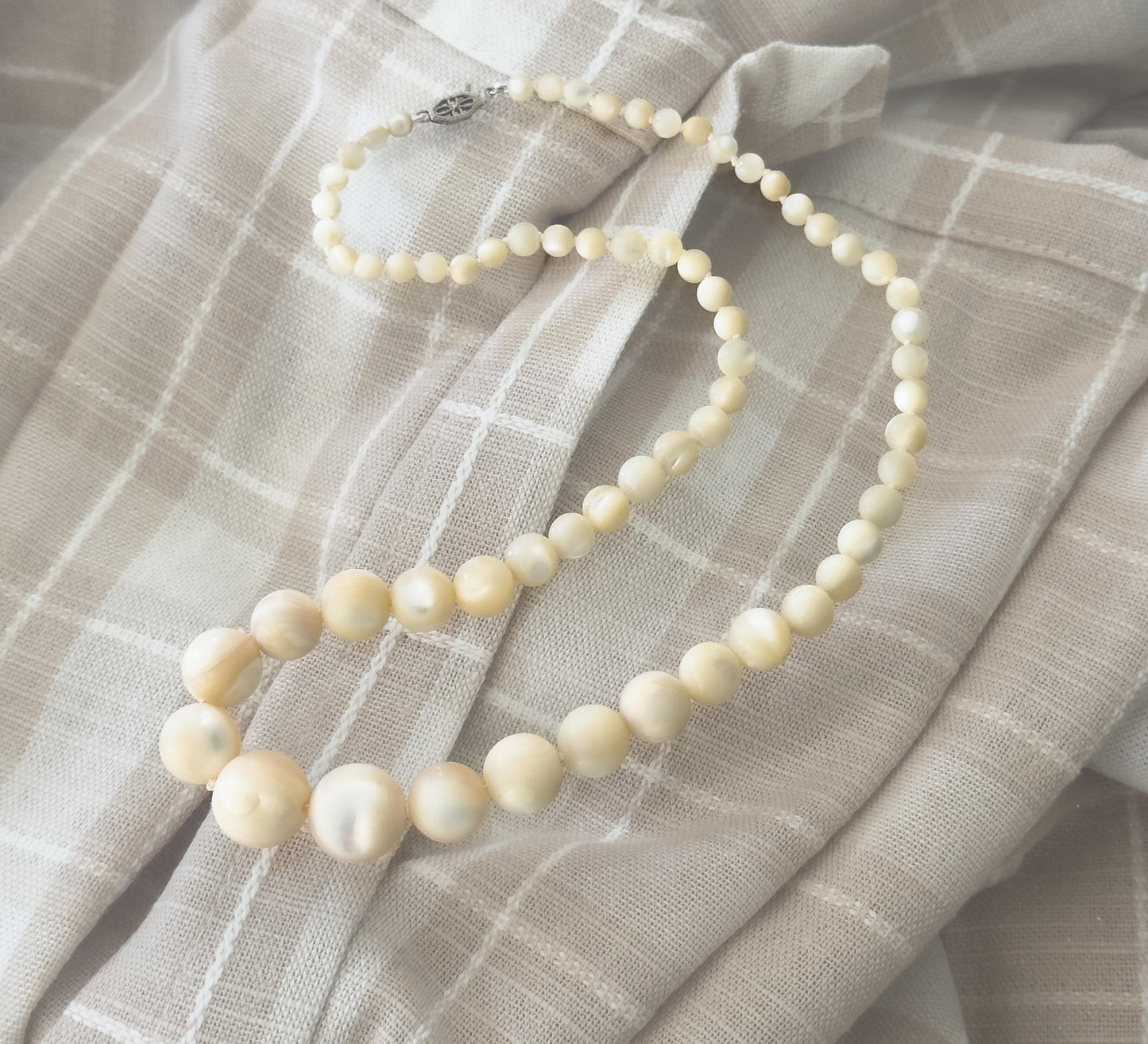 Antique Mother of Pearl Graduated Beaded necklace with 14K White Gold Clasp