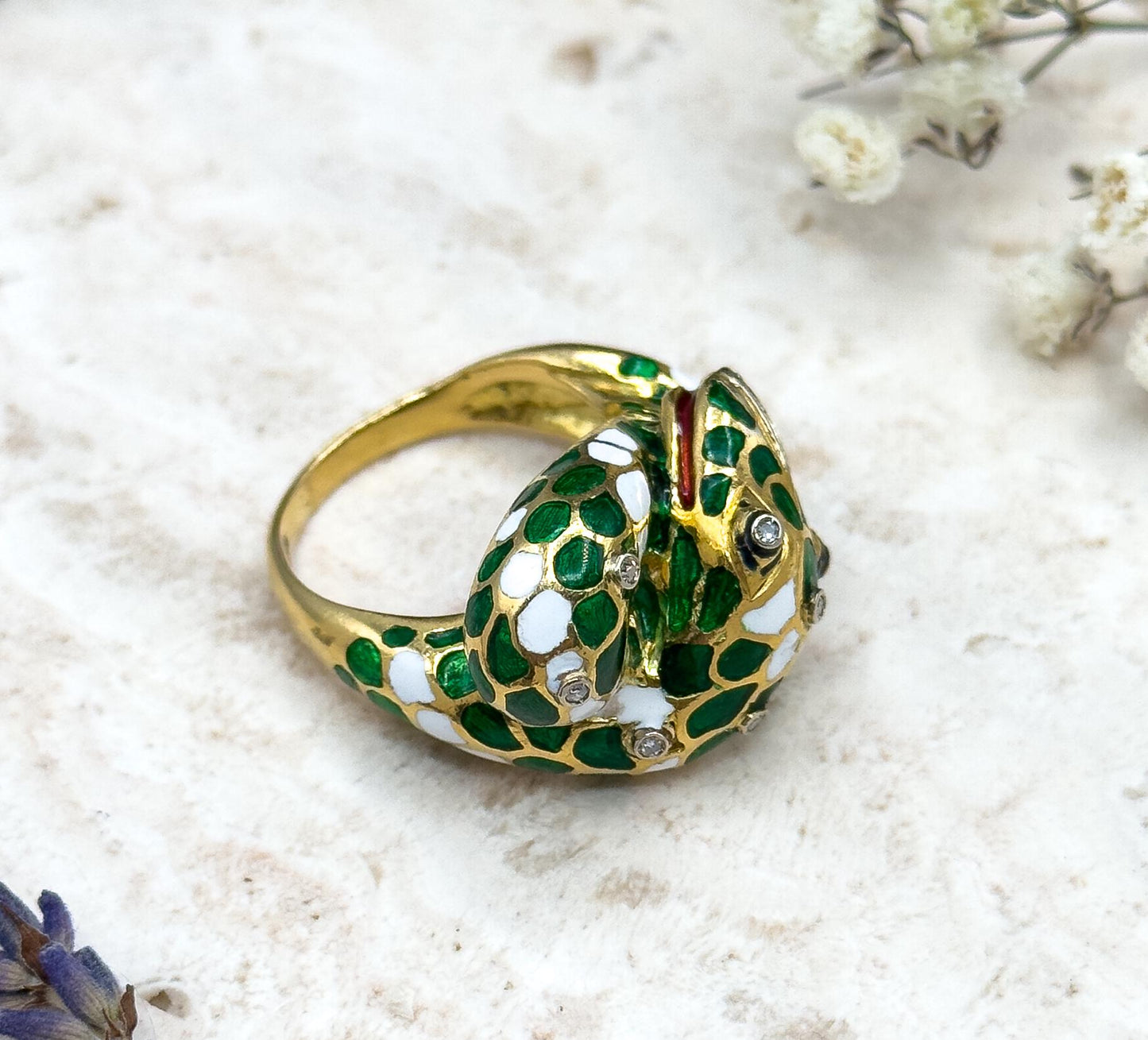 Exquisite Vintage Snake ring with Diamond Gem Set Eyes and Enamel 18K Yellow Gold