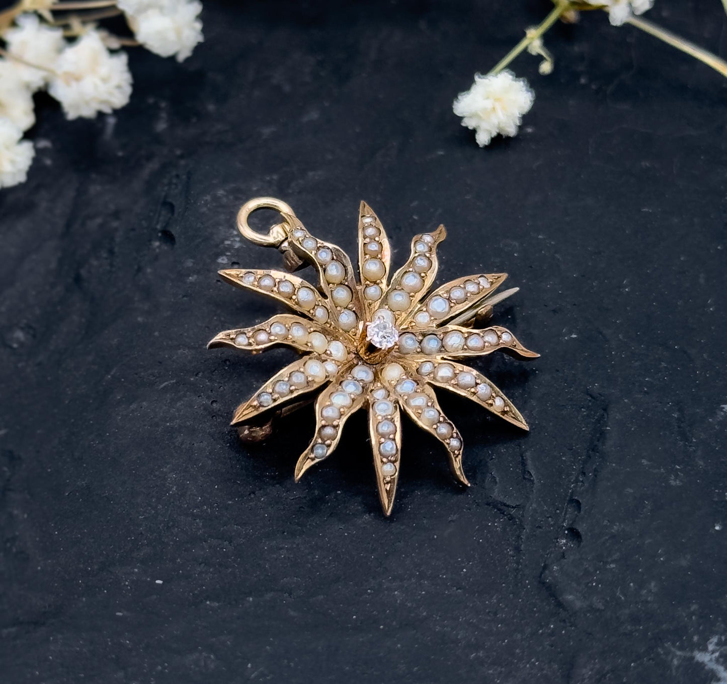 Antique Diamond Star Pendant w Seed Pearls Edwardian 12K Yellow Gold