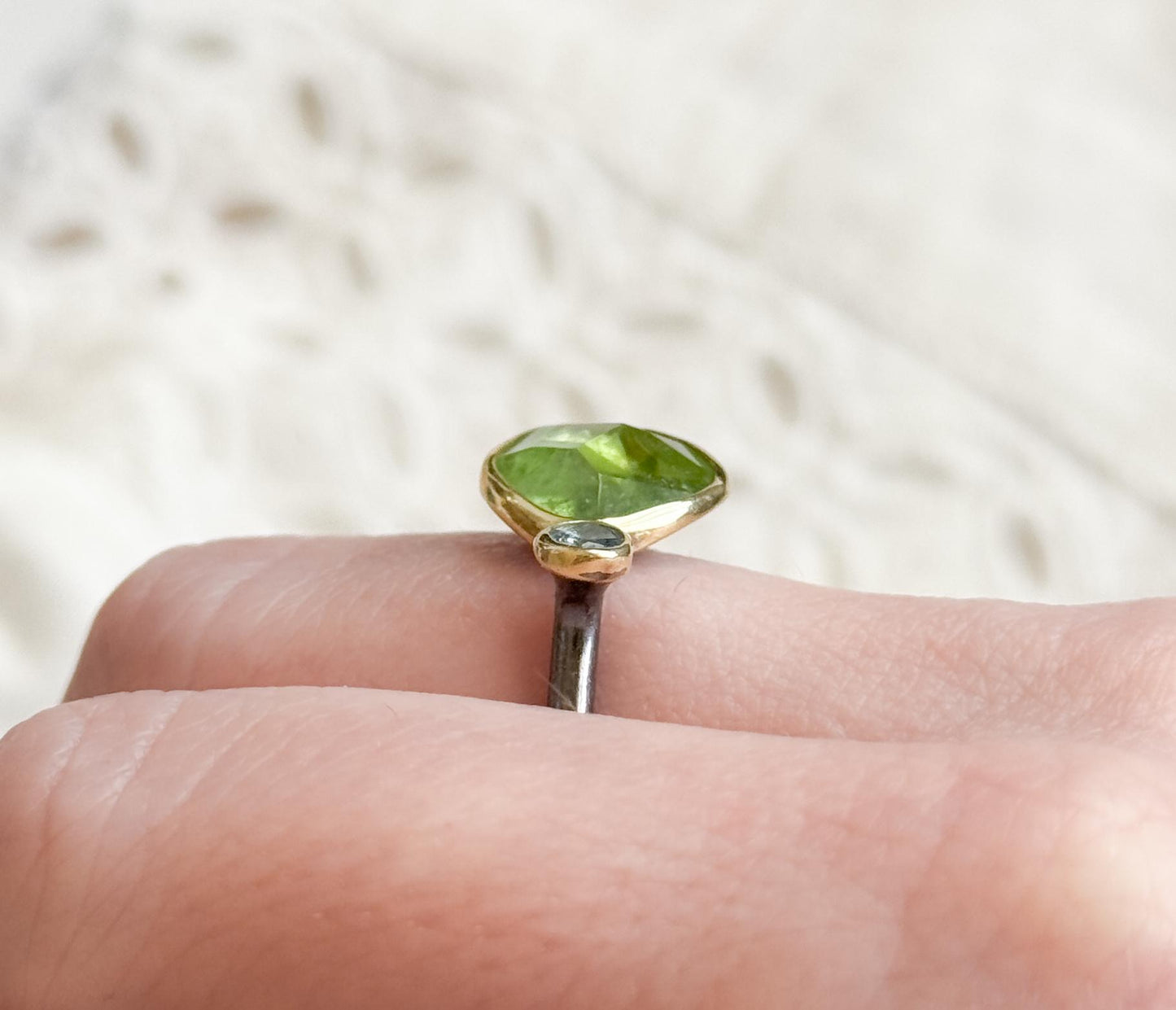 Artisan Rough Cut Peridot Ring with Blue Topaz Accent in Sterling Silver with 18K Gold