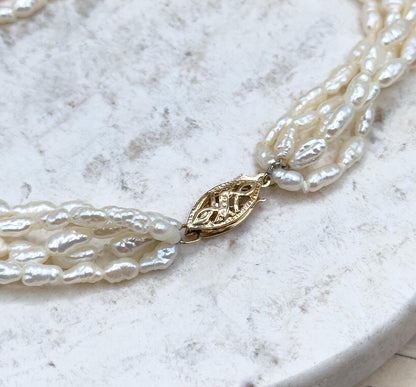 Beautiful Multi Strand Pearl Bracelet with 14K Yellow Gold Clasp Fresh Water pearl