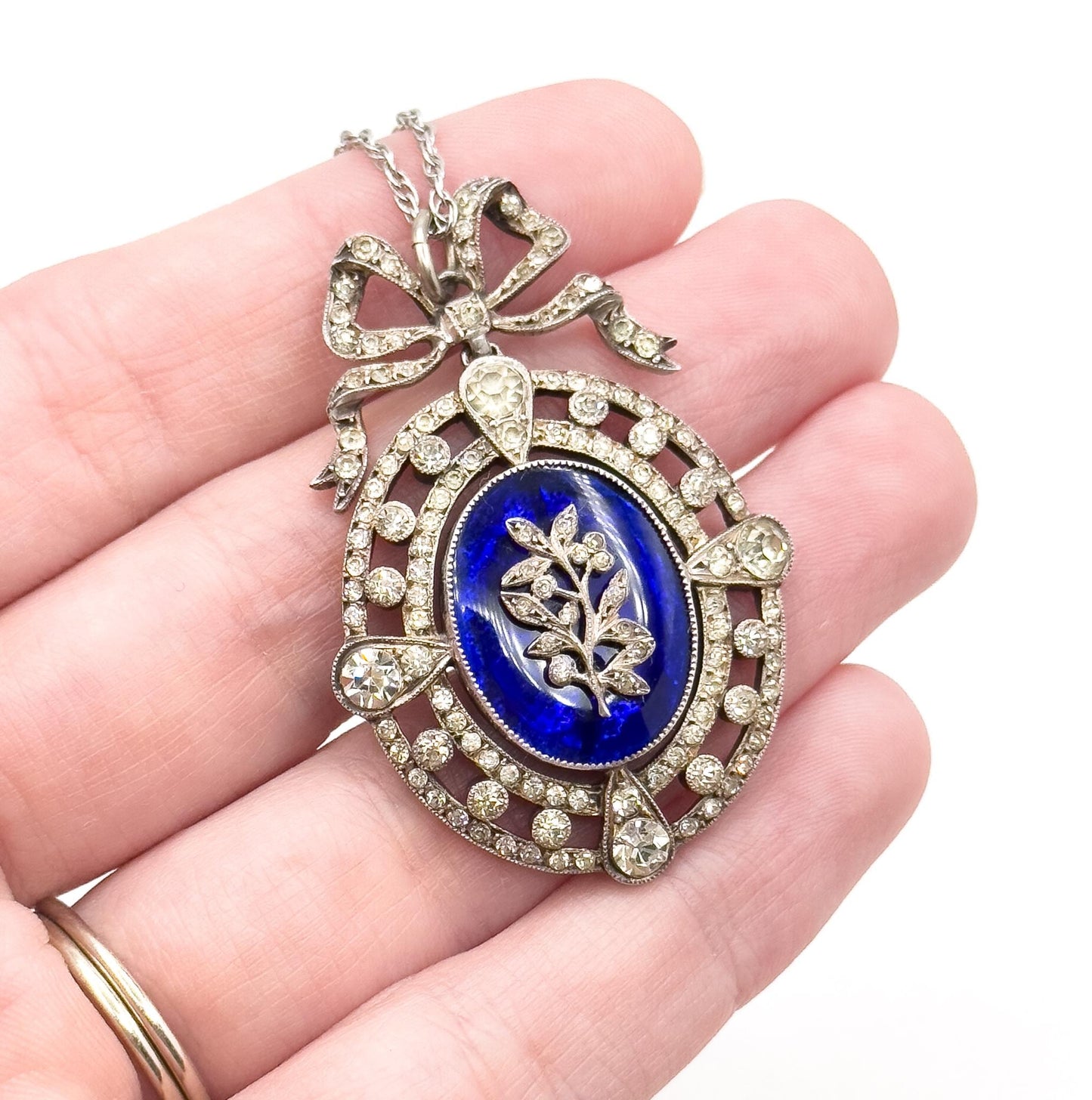 Antique Edwardian Garland Style Bow Necklace with Paste Gems in Silver w Blue Bristol Glass