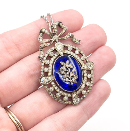 Antique Edwardian Garland Style Bow Necklace with Paste Gems in Silver w Blue Bristol Glass