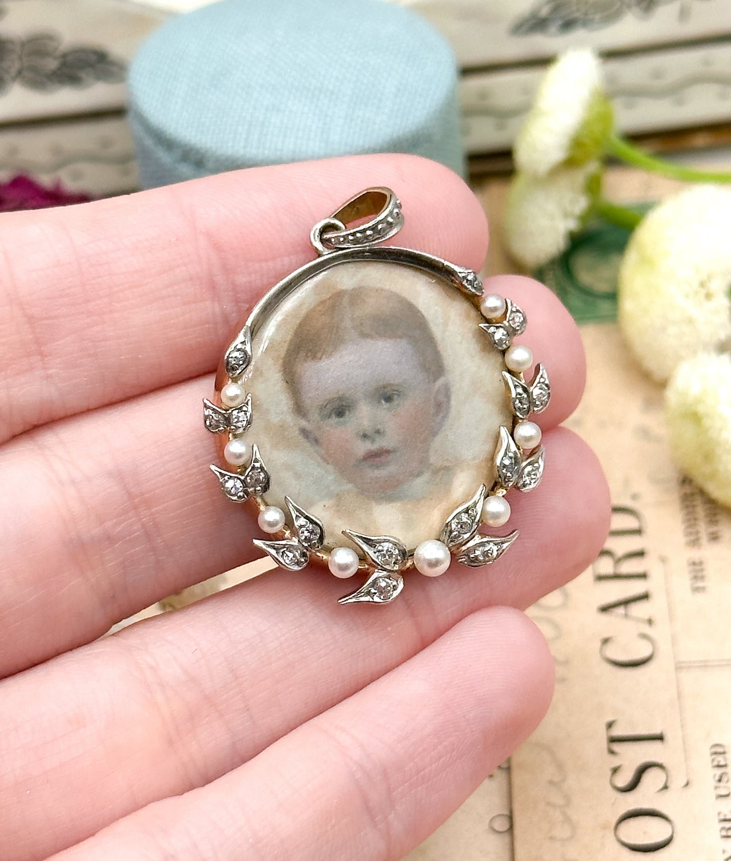 Antique watercolor portrait miniature in Platinum and 14k Gold Edwardian Portrait Pendant Locket