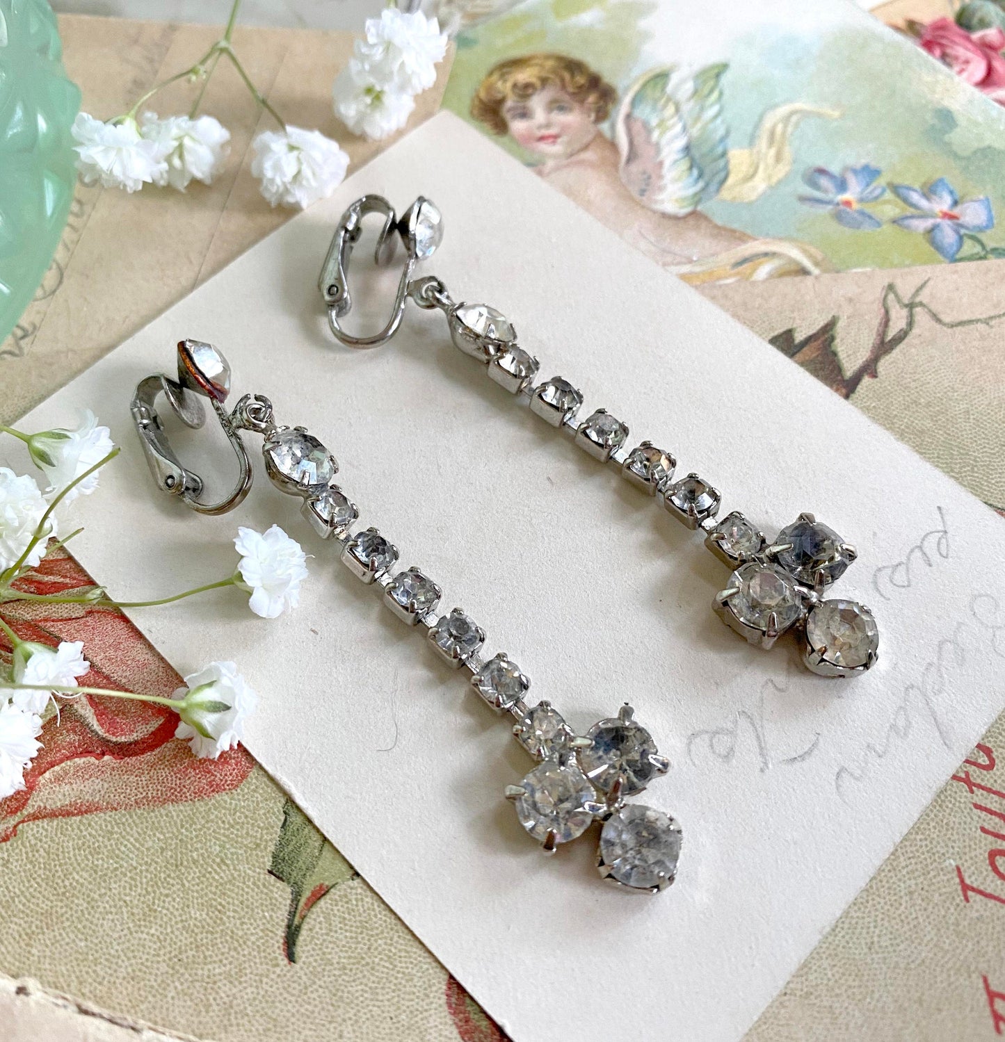 VINTAGE rhinestone clip on earrings 1950s dangle drop earrings