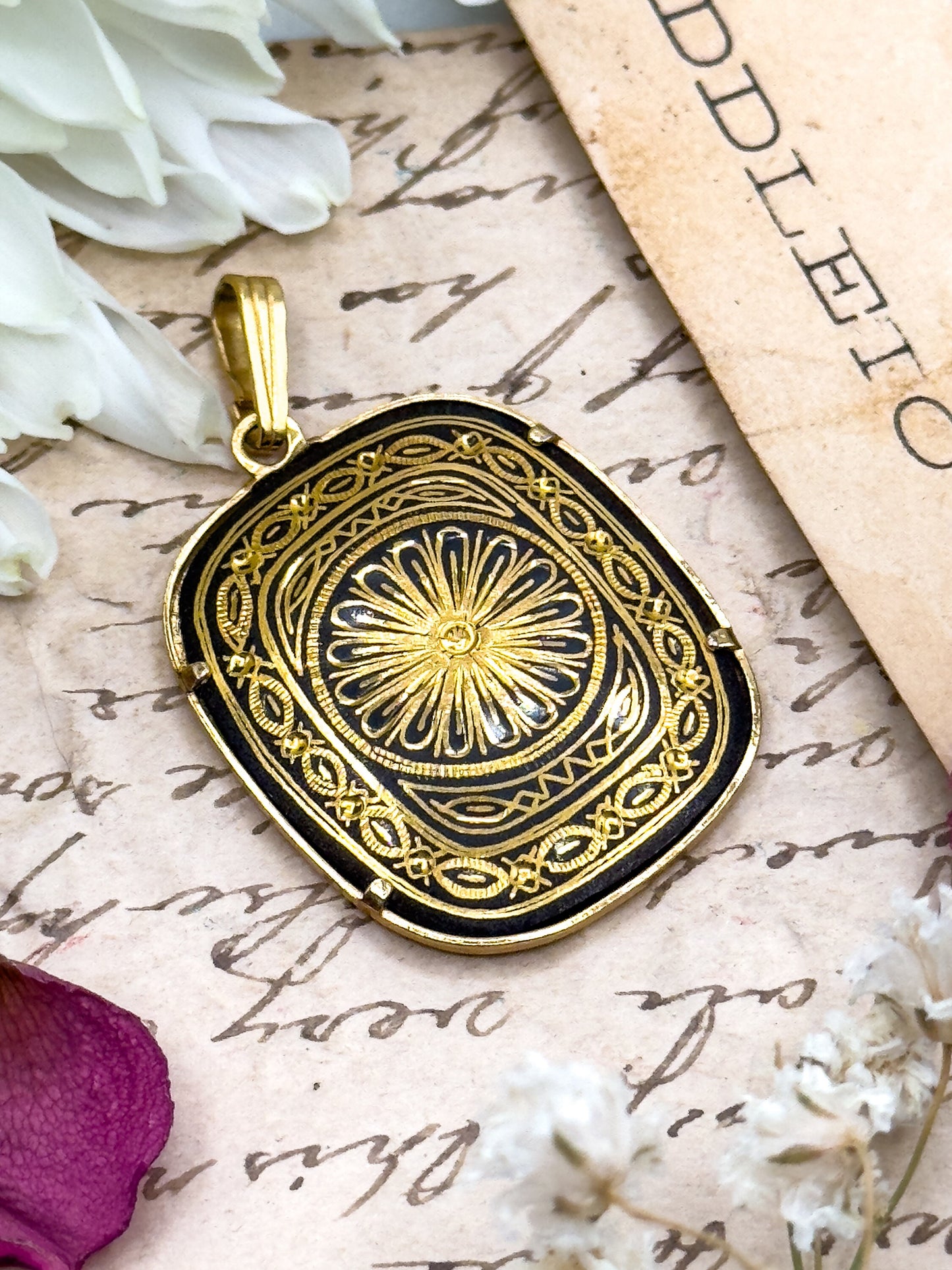 Vintage Damascene Pendant Black and Gold Flower Pendant