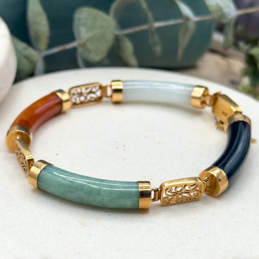Vintage multicolored Jade bracelet with onyx in 14K Yellow Gold